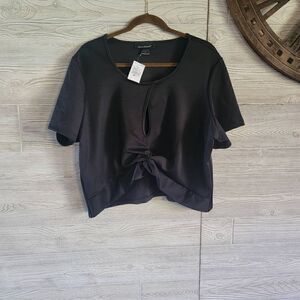 Ashley Stewart Keyhole Crop Top Black Stretchy Sz 26 Plus Size Cinched
